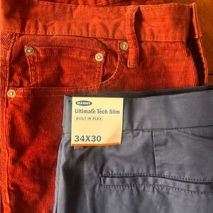 Old Navy Ultimate Tech Slim Pants in Blue Chino and Orange Corduroy